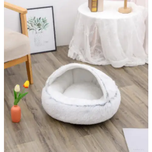 2-in-1 Dog & Cat Bed – Soft Plush Round Pet Bed House - Grey60cm - Pets