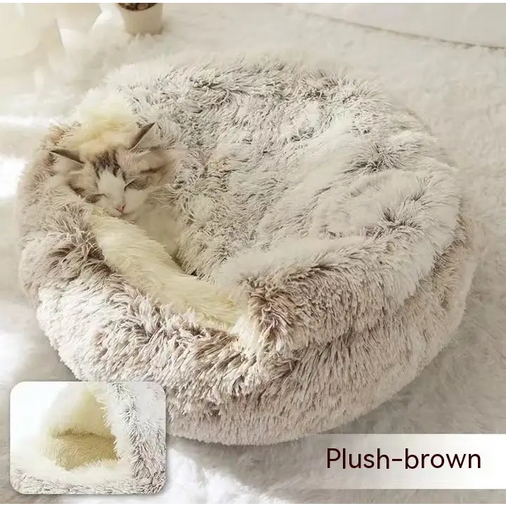 2-in-1 Dog & Cat Bed – Soft Plush Round Pet Bed House - Coffee plush 80cm - Pets