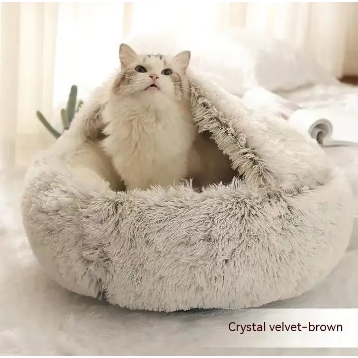 2-in-1 Dog & Cat Bed – Soft Plush Round Pet Bed House - Coffee short plush - Pets