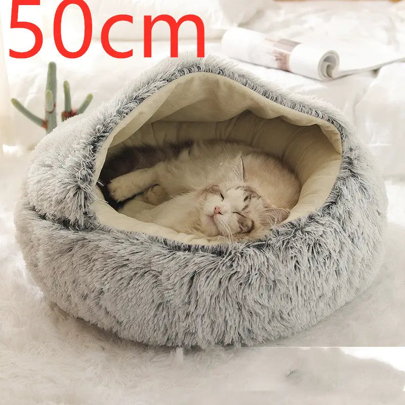 2-in-1 Dog & Cat Bed – Soft Plush Round Pet Bed House - Grey50cm - Pets