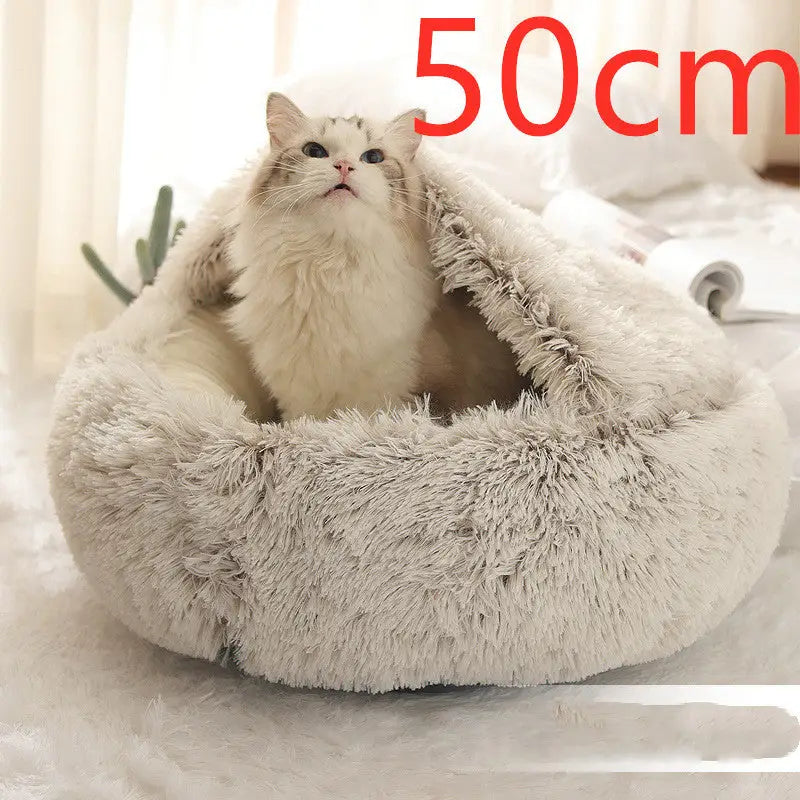 2-in-1 Dog & Cat Bed – Soft Plush Round Pet Bed House - Brown50cm - Pets