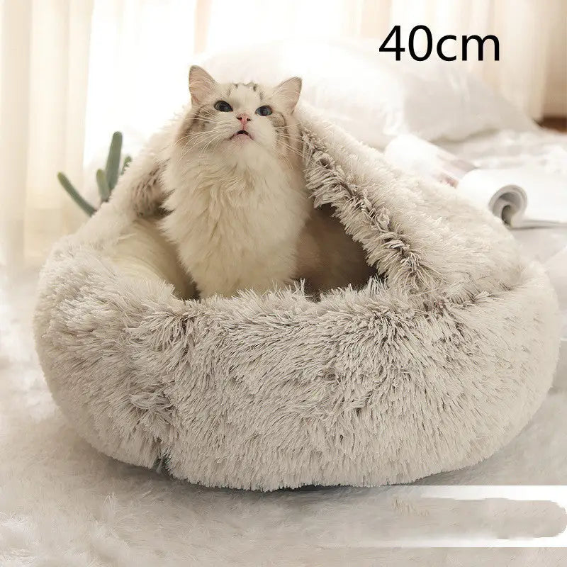2-in-1 Dog & Cat Bed – Soft Plush Round Pet Bed House - Brown 40cm - Pets