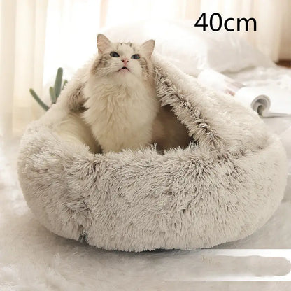 2-in-1 Dog & Cat Bed – Soft Plush Round Pet Bed House - Brown 40cm - Pets