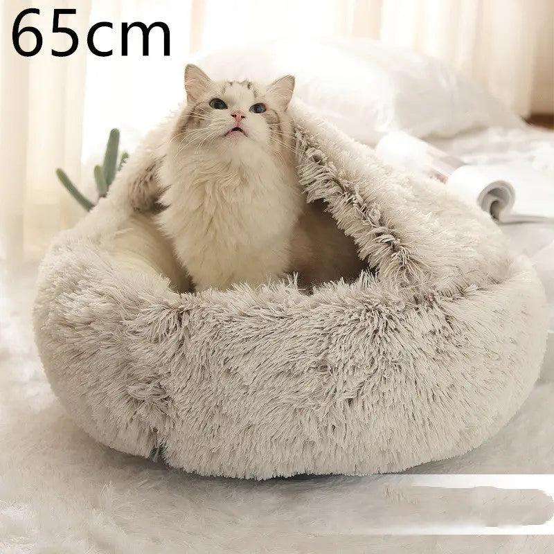 2-in-1 Dog & Cat Bed – Soft Plush Round Pet Bed House - Brown 65cm - Pets