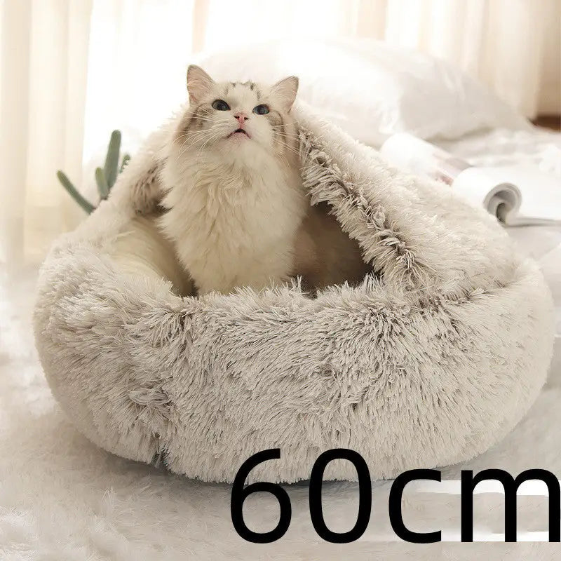 2-in-1 Dog & Cat Bed – Soft Plush Round Pet Bed House - Brown - Pets