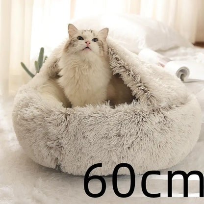 2-in-1 Dog & Cat Bed – Soft Plush Round Pet Bed House - Brown - Pets