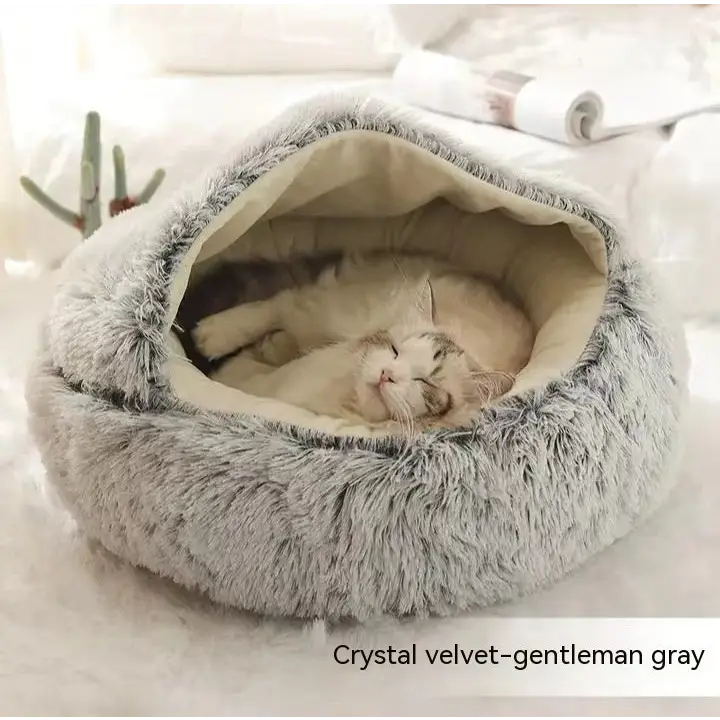 2-in-1 Dog & Cat Bed – Soft Plush Round Pet Bed House - Grey short plush - Pets