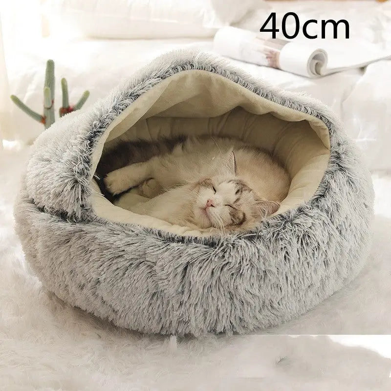 2-in-1 Dog & Cat Bed – Soft Plush Round Pet Bed House - Grey 40cm - Pets