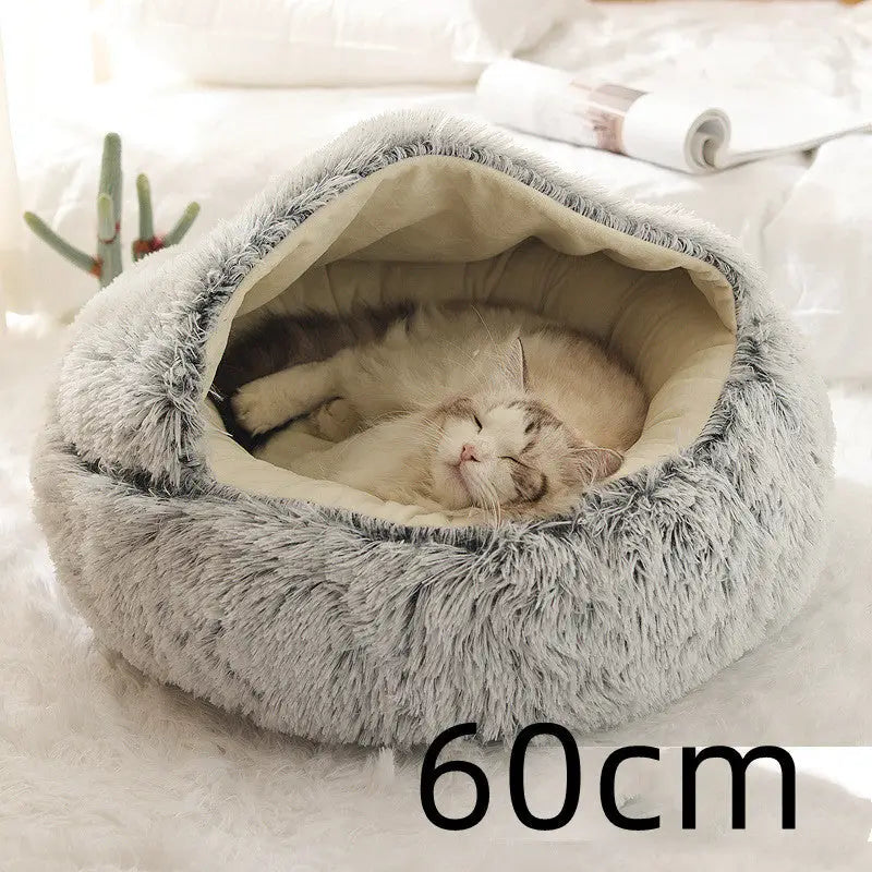 2-in-1 Dog & Cat Bed – Soft Plush Round Pet Bed House - Grey - Pets