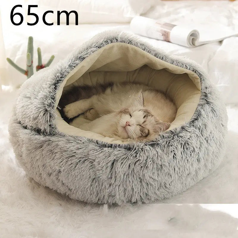 2-in-1 Dog & Cat Bed – Soft Plush Round Pet Bed House - Grey 65cm - Pets