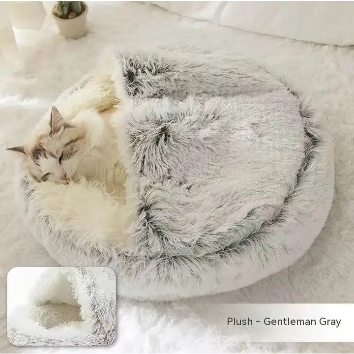 2-in-1 Dog & Cat Bed – Soft Plush Round Pet Bed House - Grey plush 80cm - Pets