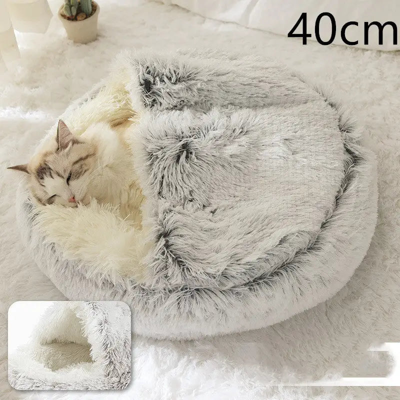 2-in-1 Dog & Cat Bed – Soft Plush Round Pet Bed House - Hair Grey 40cm - Pets