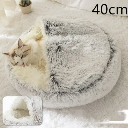 2-in-1 Dog & Cat Bed – Soft Plush Round Pet Bed House - Hair Grey 40cm - Pets