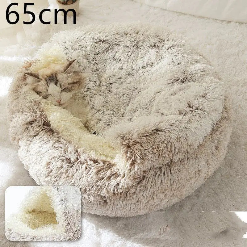 2-in-1 Dog & Cat Bed – Soft Plush Round Pet Bed House - Hair Brown65cm - Pets