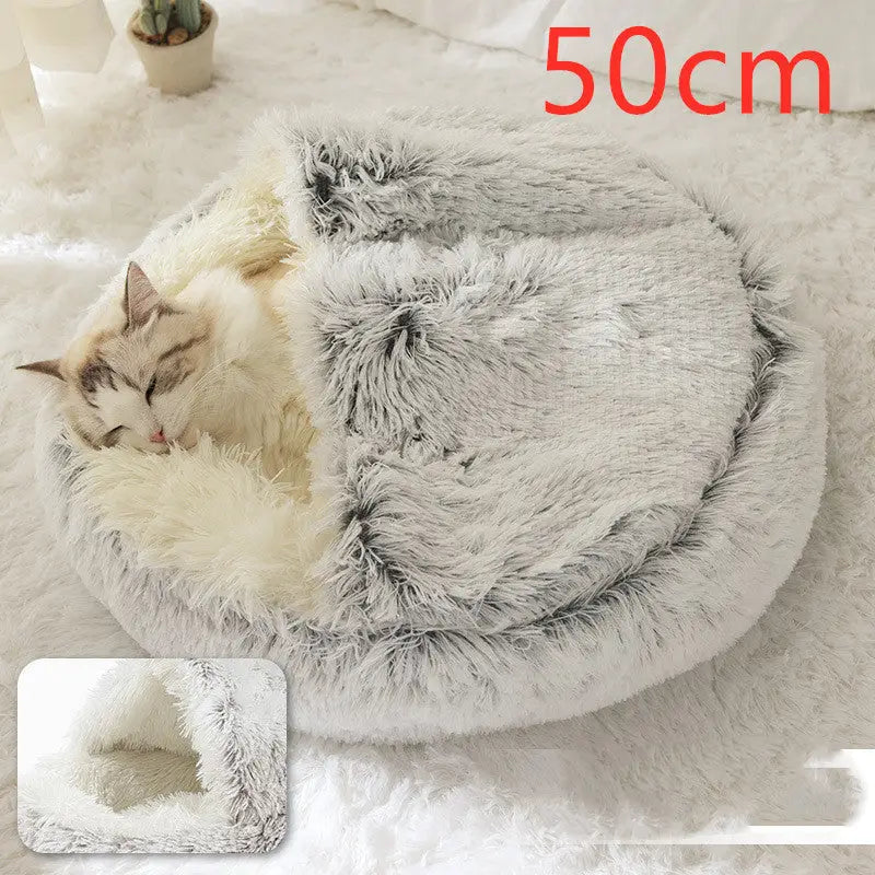 2-in-1 Dog & Cat Bed – Soft Plush Round Pet Bed House - Hair Grey50cm - Pets