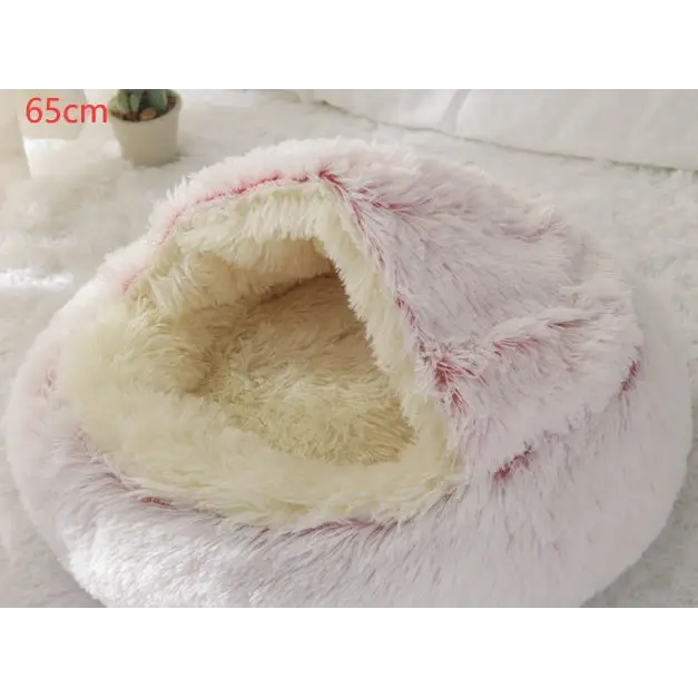 2-in-1 Dog & Cat Bed – Soft Plush Round Pet Bed House - Hair Pink 65cm - Pets
