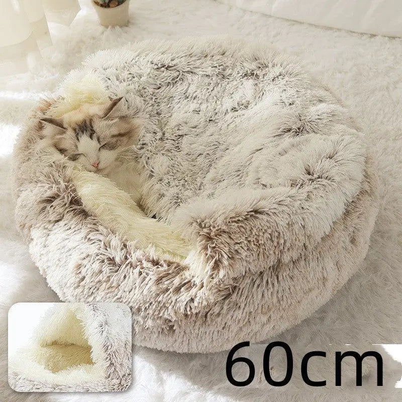 2-in-1 Dog & Cat Bed – Soft Plush Round Pet Bed House - Hair Brown - Pets