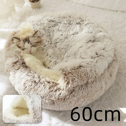 2-in-1 Dog & Cat Bed – Soft Plush Round Pet Bed House - Hair Brown - Pets