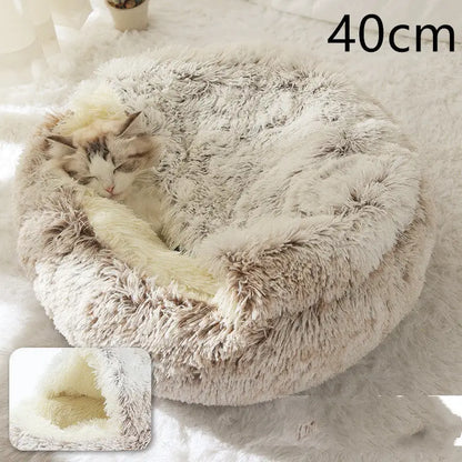 2-in-1 Dog & Cat Bed – Soft Plush Round Pet Bed House - Hair Brown 40cm - Pets
