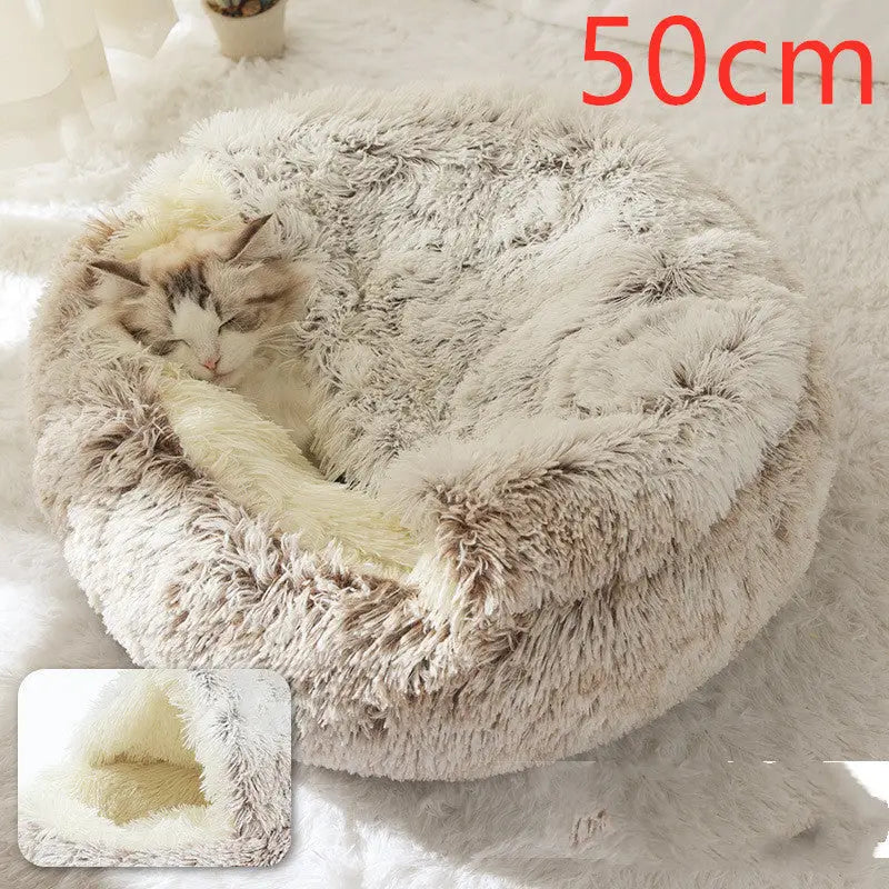 2-in-1 Dog & Cat Bed – Soft Plush Round Pet Bed House - Hair Brown50cm - Pets