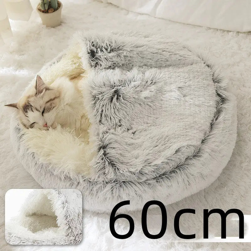 2-in-1 Dog & Cat Bed – Soft Plush Round Pet Bed House - Hair Grey - Pets