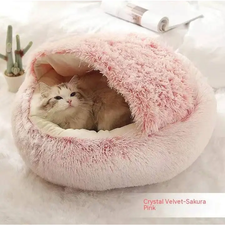 2-in-1 Dog & Cat Bed – Soft Plush Round Pet Bed House - Pink short plush80cm - Pets