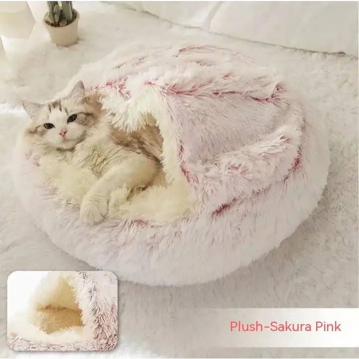 2-in-1 Dog & Cat Bed – Soft Plush Round Pet Bed House - Pink plush 80cm - Pets