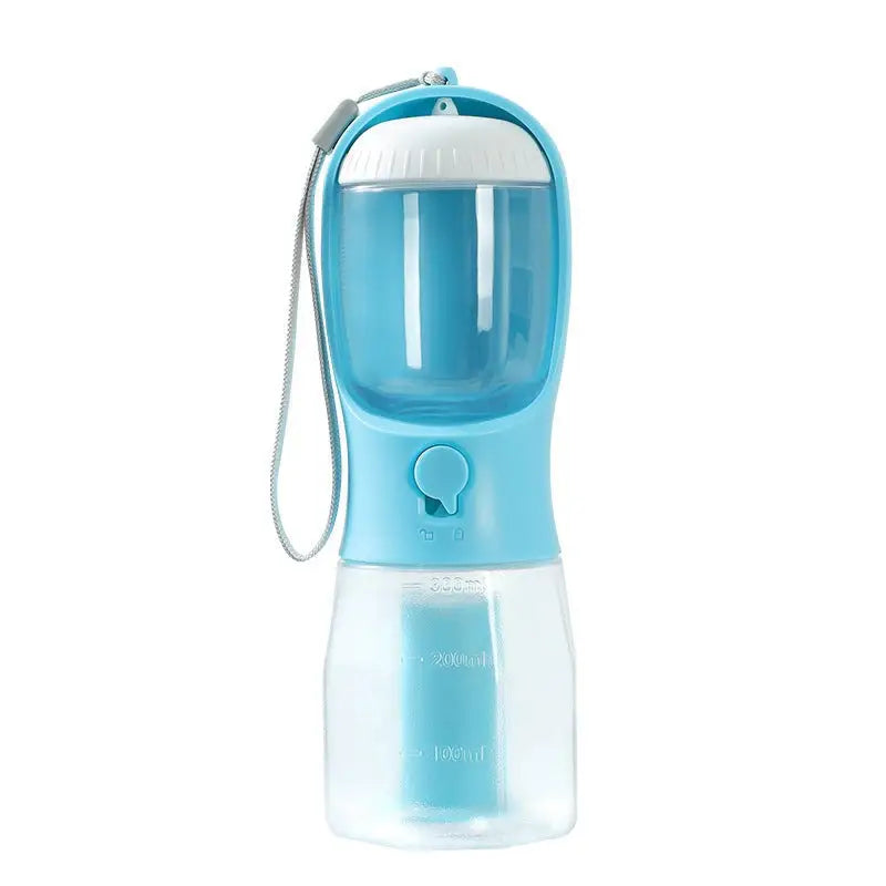 Portable 3-in-1 dog cup with built-in water dispenser, food container, and waste bag compartment in turquoise.