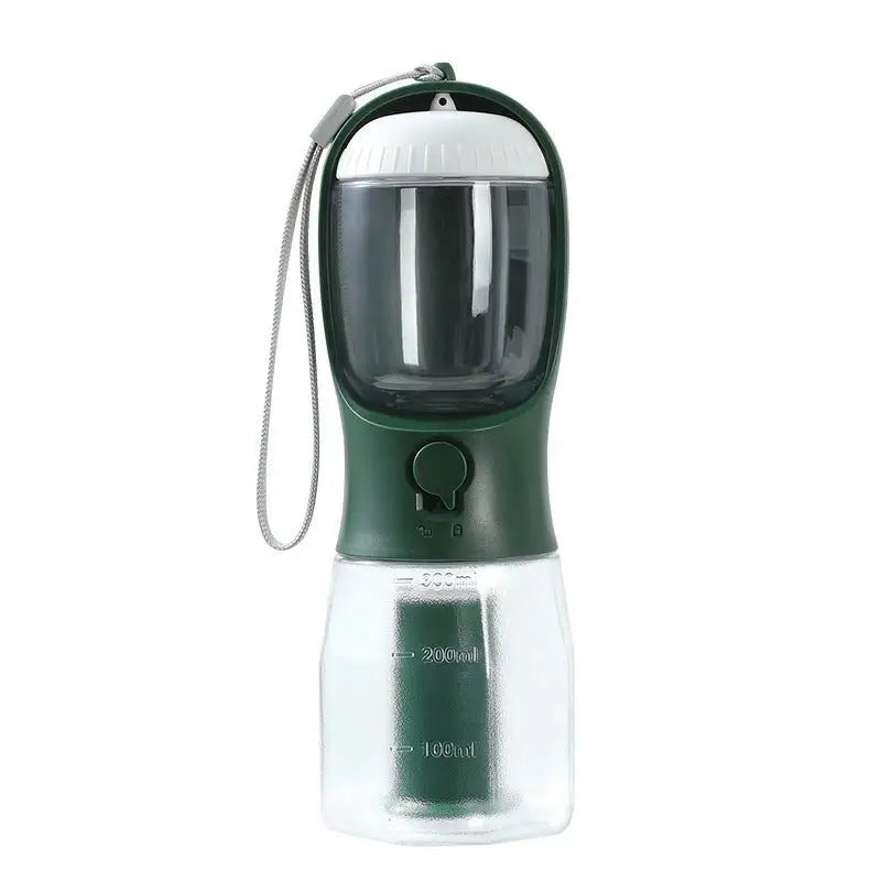 Portable 3-in-1 Dog Cup for pets with water, food, and waste disposal features in dark green.
