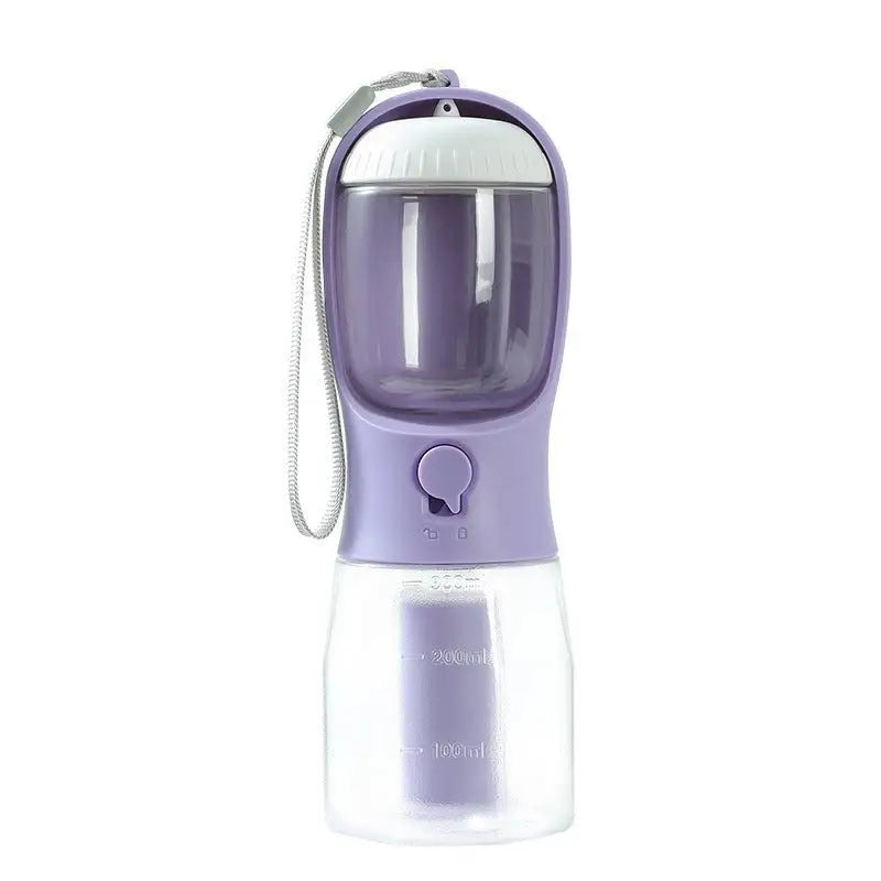 Portable 3-in-1 dog cup for pets in wisteria purple color with water, food, and waste disposal compartments.