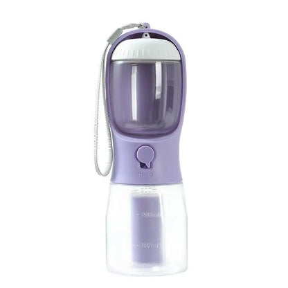 Portable 3-in-1 dog cup for pets in wisteria purple color with water, food, and waste disposal compartments.