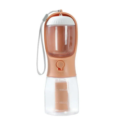 Portable 3-in-1 Dog Cup with water dispenser, food container, and waste bag compartment.