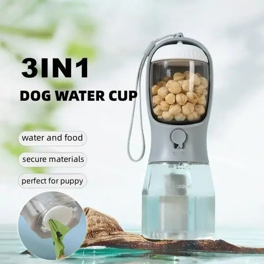 Portable 3-in-1 Dog Cup for Pets with water, food, and waste disposal features, ideal for travel.