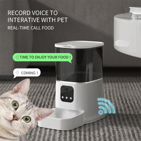 Pet Automatic Feeder with voice recording, WiFi app control, and timer for cat and dog food dispensing.