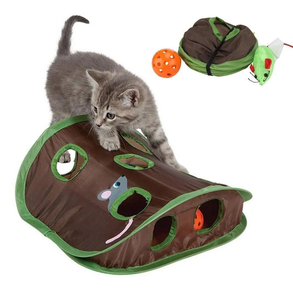 Interactive hide-and-seek cat toy with tunnels and mouse design for playful kittens.