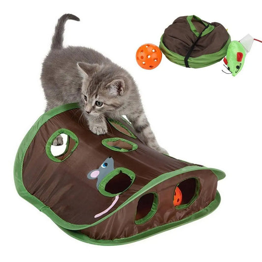 Interactive hide-and-seek cat toy with tunnels and mouse design for playful kittens.