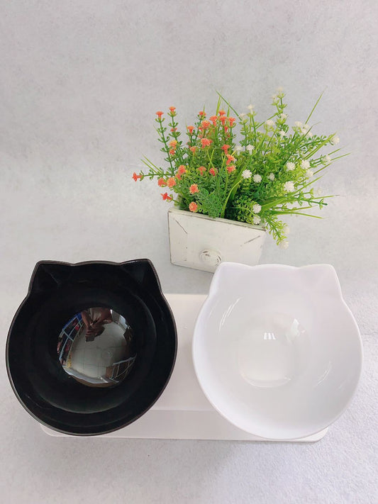 Cat double bowl set, designed for cat food, protects cervical vertebra, black and white design.