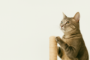 Kitten standing on cat tree toy – cat supplies.