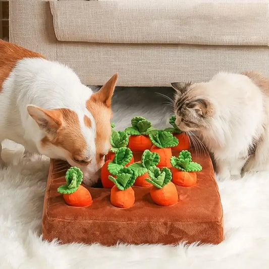 Interactive carrot snuffle mat for dogs and cats on brown mat, promoting foraging and play.