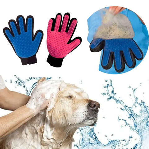 Grooming glove on pet hand