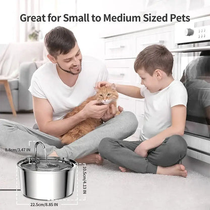 Stainless steel pet water fountain for small to medium-sized pets, automatic water feeder, 3L capacity.