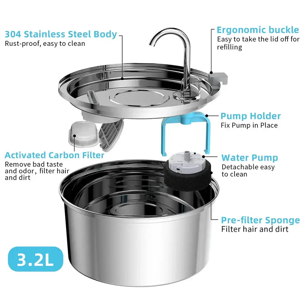 Stainless steel pet water fountain with ergonomic buckle, pump holder, activated carbon filter, pre-filter sponge, and 3.2L capacity.