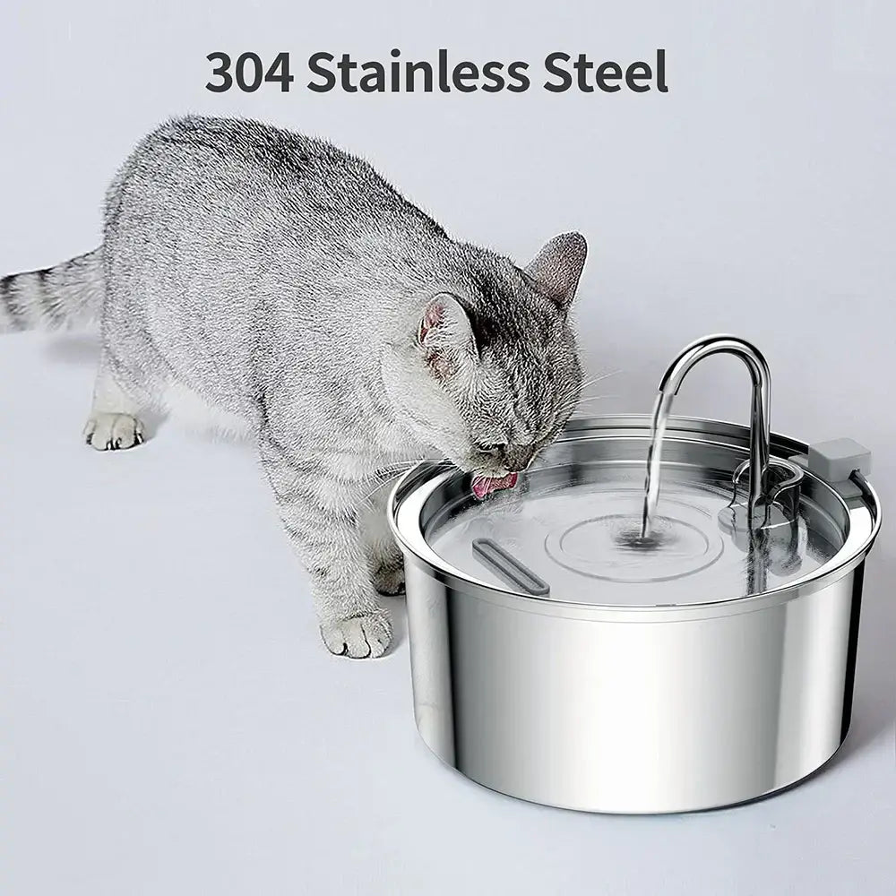 Stainless steel pet water fountain with cat drinking, durable and automatic design, 304 stainless steel, 3L capacity.