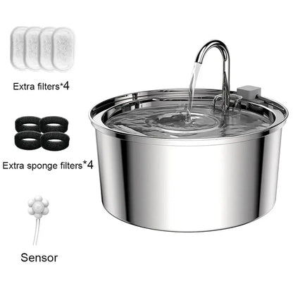 Stainless steel pet water fountain with automatic water flow, filters, and sensor.