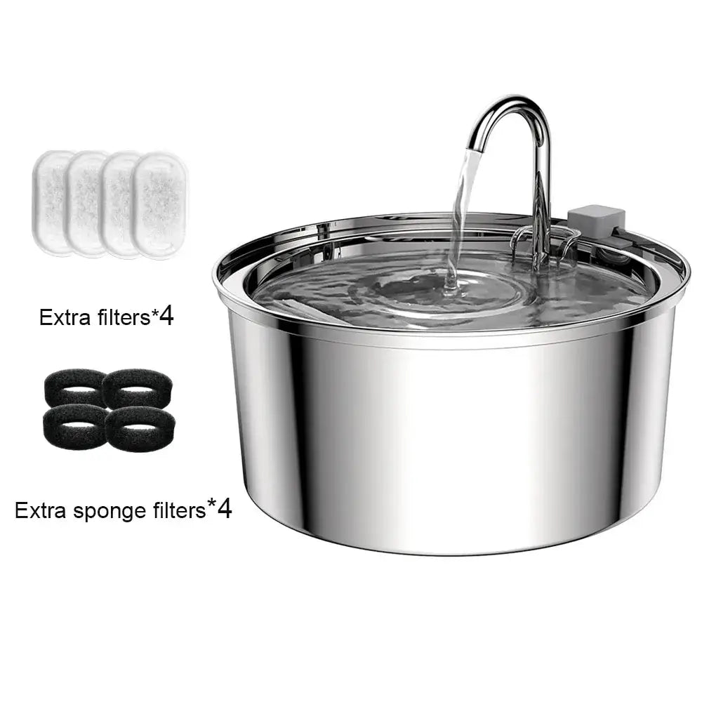 Stainless steel pet water fountain with automatic flow and extra filters for hydration.